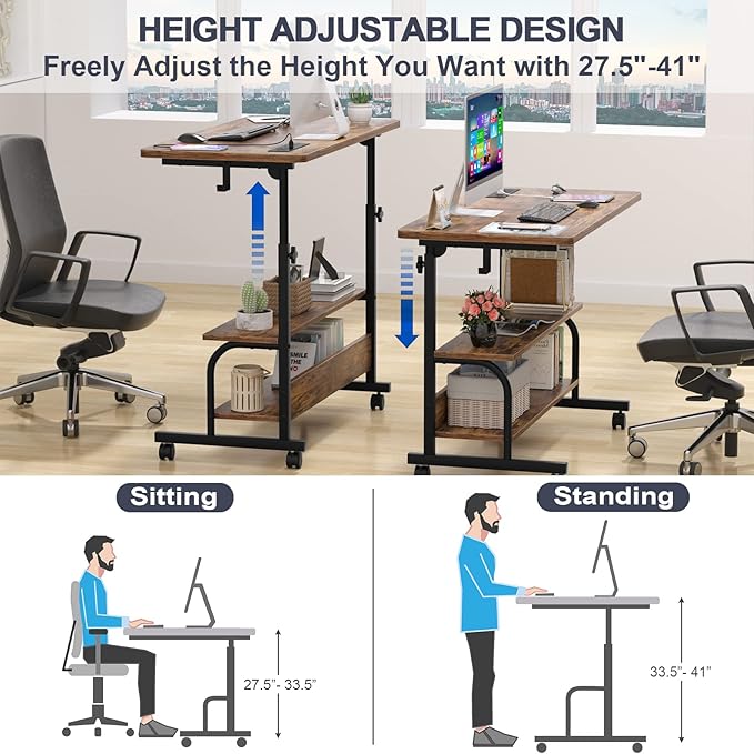 Height Adjustable Standing Desk with Power Outlets, 32" Manual Stand Up Desk with Storage Shelves Small Mobile Rolling Computer Desk Portable Laptop Table with Wheels for Home Office, Rustic - LeafyLoom