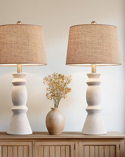 Oneach 25.75'' Farmhouse Ceramic Table Lamp for Living Room White Bedside Lamps Office White Table Lamp Set of 2 for Bedroom Retro Nightstand Lamp End Table Lamps - LeafyLoom