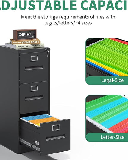 3 Drawer File Cabinet,Metal Filing Cabinets with Lock,Black Vertical File Cabinet for Home Office,Heavy Duty Metal Storage Cabinet for A4/Letter/Legal Size File,Assembly Required - LeafyLoom