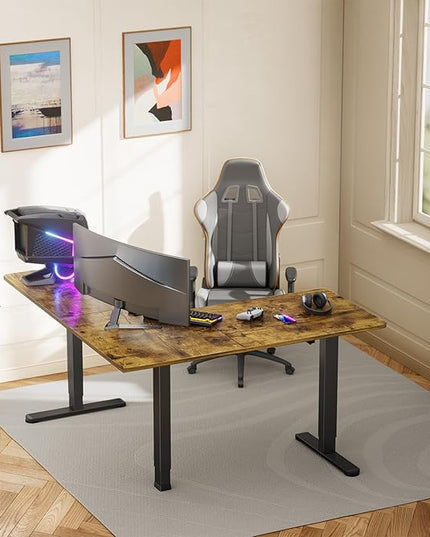 ErGear 63" Dual Motor L Shaped Standing Desk, 28"-46" Electric Height Adjustable, 2 Assembly Options to Fit Room Corner, Suitable for Sitting or Standing Up for Working or Gaming from Home, Vintage - LeafyLoom