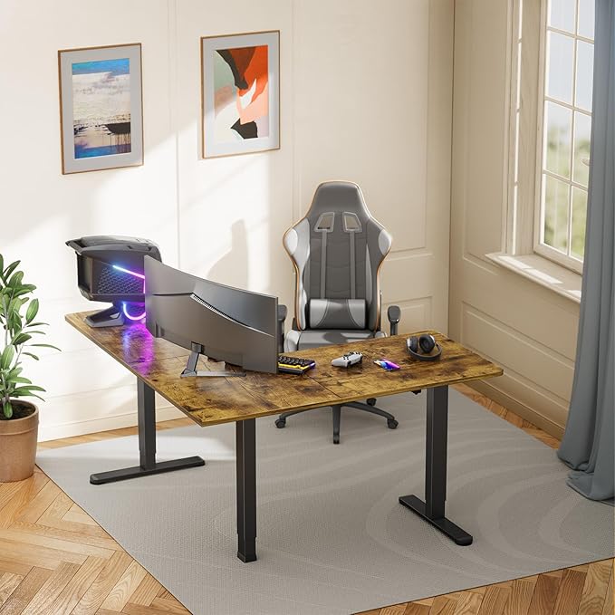 ErGear 63" Dual Motor L Shaped Standing Desk, 28"-46" Electric Height Adjustable, 2 Assembly Options to Fit Room Corner, Suitable for Sitting or Standing Up for Working or Gaming from Home, Vintage - LeafyLoom