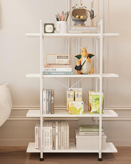 Bookshelf 4 Tiers White Wooden Storage Shelf,Modern Open Display Storage Bookcase Book Organizer,Metal Bookshelf Standing Storage Shelf Tall Shelving Units for Home Office Study - LeafyLoom