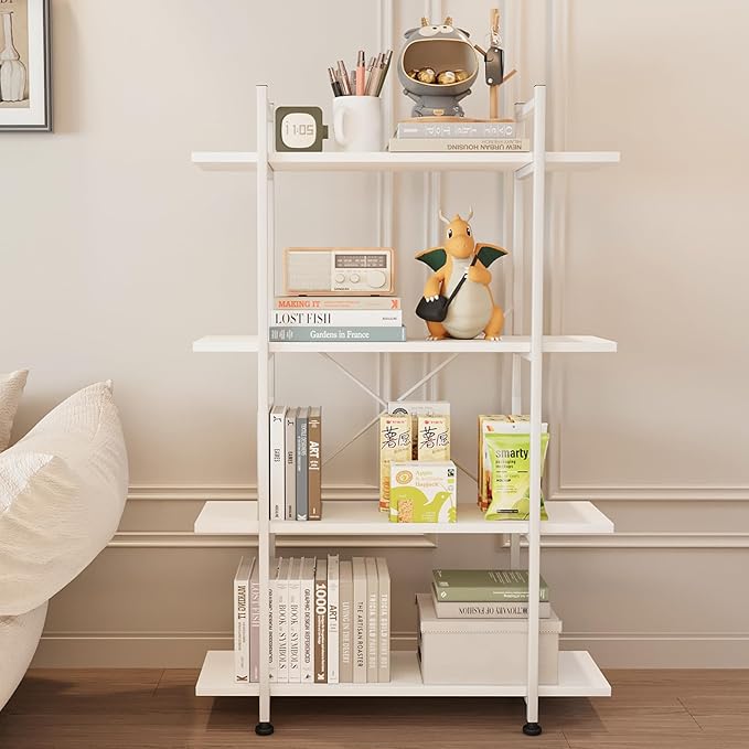 Bookshelf 4 Tiers White Wooden Storage Shelf,Modern Open Display Storage Bookcase Book Organizer,Metal Bookshelf Standing Storage Shelf Tall Shelving Units for Home Office Study - LeafyLoom