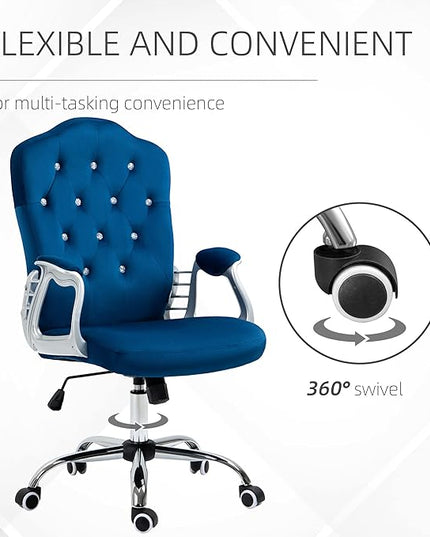 Vinsetto Home Office Chair, Velvet Computer Chair, Button Tufted Desk Chair with Swivel Wheels, Adjustable Height, and Tilt Function, Blue - LeafyLoom