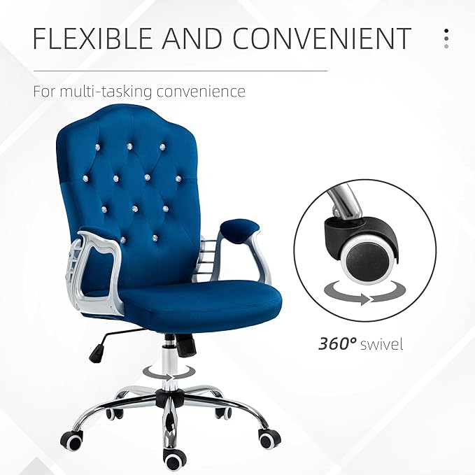 Vinsetto Home Office Chair, Velvet Computer Chair, Button Tufted Desk Chair with Swivel Wheels, Adjustable Height, and Tilt Function, Blue - LeafyLoom