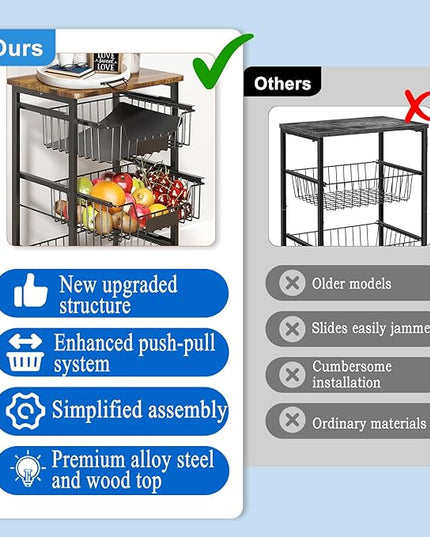 Fruit Basket, 5-Tier Utility Kitchen Organizer and Storage Cart with Pull-Out Baskets and Wood Top, Rolling Pantry Kitchen Cart on Wheels for Fruit Potato Onion Vegetable Snack Produce - LeafyLoom