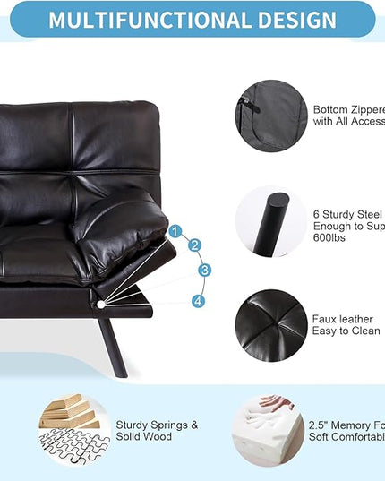MUUEGM Futon Sofa Bed,Memory Foam Sofa Futon Couch Bed,Convertible 71" Couch Sofa,Faux Leather Sleeper Sofa with Adjustable Backrest for Living Room,Black - LeafyLoom