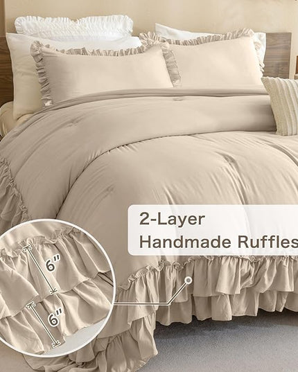 Farmhouse King Size Comforter Set,Shabby Boho Chic Bedding Ruffled Linen Feel Textured King Bed Comforter Vintage Rustic French Country Bedding Sets 3 Pieces - LeafyLoom