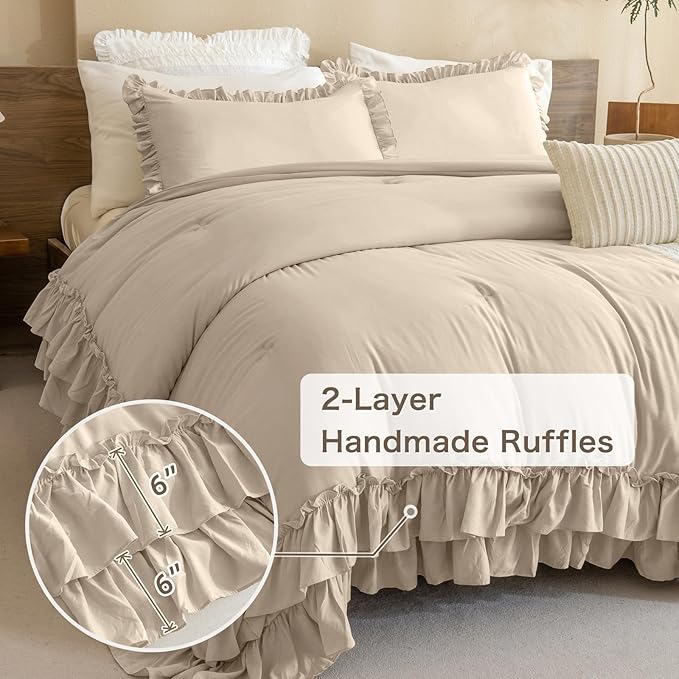 Farmhouse King Size Comforter Set,Shabby Boho Chic Bedding Ruffled Linen Feel Textured King Bed Comforter Vintage Rustic French Country Bedding Sets 3 Pieces - LeafyLoom