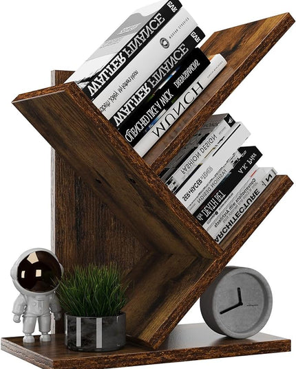 YMYNY 2 Tier Tree Bookshelf, Small Bookcase, Modern Wood Book Storage Rack Organizer, Freestanding Book shelf for Books/Movies/CDs, Display Rack for Bedroom, Home Office, Rustic Brown UHBC012H - LeafyLoom