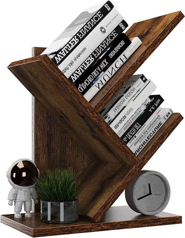 YMYNY 2 Tier Tree Bookshelf, Small Bookcase, Modern Wood Book Storage Rack Organizer, Freestanding Book shelf for Books/Movies/CDs, Display Rack for Bedroom, Home Office, Rustic Brown UHBC012H - LeafyLoom