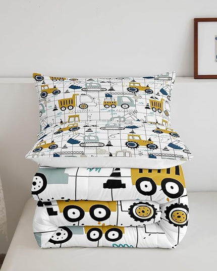 Construction Comforter Set Full Size Kids Excavator Tractor Toddler Comforter Cartoon Car Equipment Trucks Plaid Grid Comforter Set Construction Vehicles White Yellow Duvet Set - LeafyLoom
