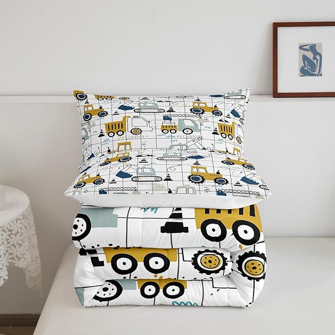 Construction Comforter Set Full Size Kids Excavator Tractor Toddler Comforter Cartoon Car Equipment Trucks Plaid Grid Comforter Set Construction Vehicles White Yellow Duvet Set - LeafyLoom
