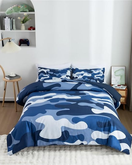 Meeting Story Camouflage Bedding Set, Colorful Pattern Style Comforter Set, 3 PCS One Comforter Two Pillowcases Two Sheets in One Bag, All Season Bedspread for Teens Adults (Navy,King - LeafyLoom