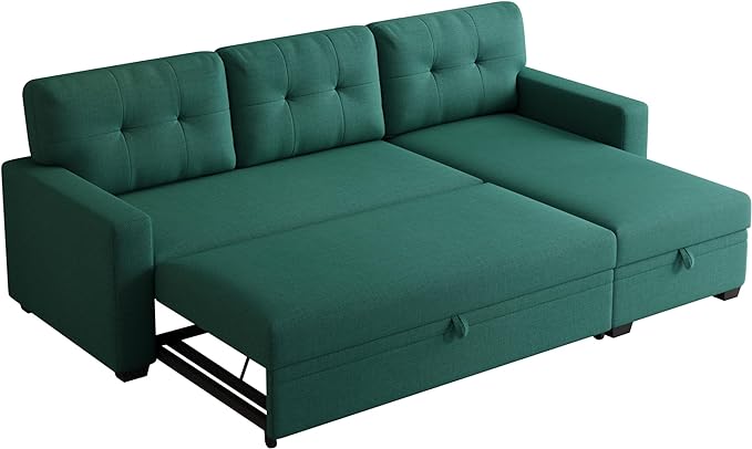 82" Sectional Small Pull Out Bed,L-Shape Upholstered Sleeper Couch W/Storage Chaise,Tufted Backrest Design,3 Seat Linen Convertible Sofas for Living Room Apartment Office,Green, Green5 - LeafyLoom