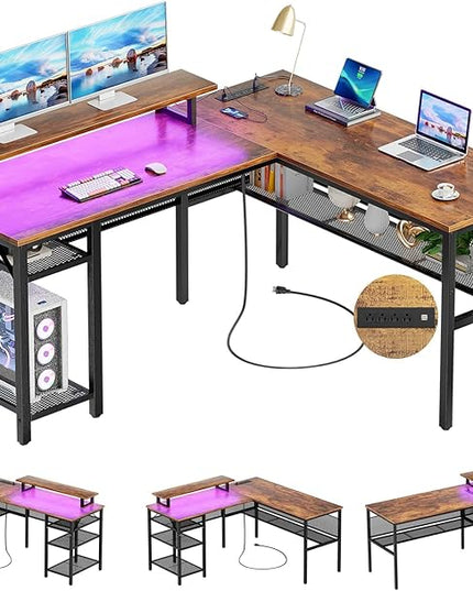 Unikito L Shaped Desk with USB Charging Port and Power Outlet, Reversible L-Shaped Corner Computer Desk with Storage Shelves, Industrial 2 Person Gaming Table Modern Home Office Desk, Rustic Brown - LeafyLoom