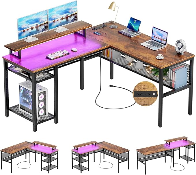 Unikito L Shaped Desk with USB Charging Port and Power Outlet, Reversible L-Shaped Corner Computer Desk with Storage Shelves, Industrial 2 Person Gaming Table Modern Home Office Desk, Rustic Brown - LeafyLoom