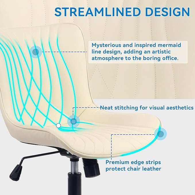YOUNIKE Office Chair, Armless Desk Chair with Wheels, Home Office Computer Task Chairs, Modern Faux Leather Padded Vanity Chair, Adjustable Swivel Rocking Office Chair with Back, Beige - LeafyLoom