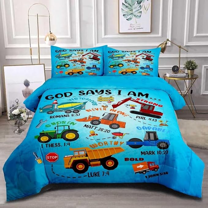 Boys Construction Vehicles Truck Comforter Set Twin,Christian Kids God Says I Am Construction Bedding Set,Car Excavator Tractor Bedroom Set（1 Comforter 2 Pillowcase） Blue - LeafyLoom