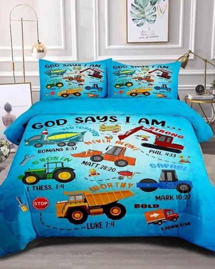 Boys Construction Vehicles Truck Comforter Set Queen,Christian Kids God Says I Am Construction Bedding Set,Car Excavator Tractor Bedroom Set（1 Comforter 2 Pillowcase） Blue - LeafyLoom