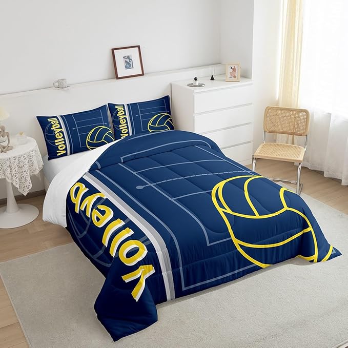 Feelyou Volleyball Bedding Set King Size Sports Game Comforter Set for Kids Boys Girls Decor Volleyball Player Comforter Microfiber Blue Yellow Duvet Set Bedroom Quilt Set - LeafyLoom