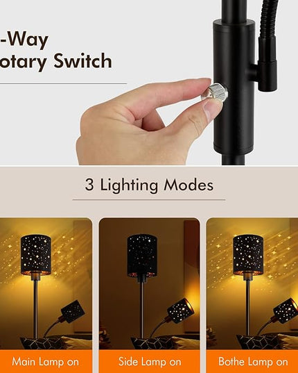 Floor Lamp for Bedroom, LED Floor Lamps with Reading Lamp, 2700K Brightness, 3-Way Switch, Bulbs Included, Modern Standing Lamps for Living Room Dining Room, Decorative Torchire Standing Lamp, Black - LeafyLoom