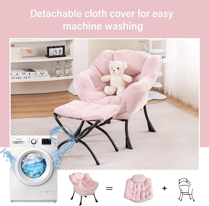 Welnow Toddler Kids Lazy Chair with Ottoman, Accent Comfy Lounge Children Armchair Couch with Armrest and Removable Cover, Detachable Reading Chair with Footrest for Boy or Girl, Plush Pink - LeafyLoom