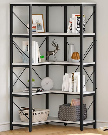YITAHOME Corner Bookshelf, 5-Tier L-Shaped Bookcase Storage Organizer, Tall Open Display Freestanding Storage Rack Modern Book Shelf for Living Room, Bedroom, Home Office, White - LeafyLoom