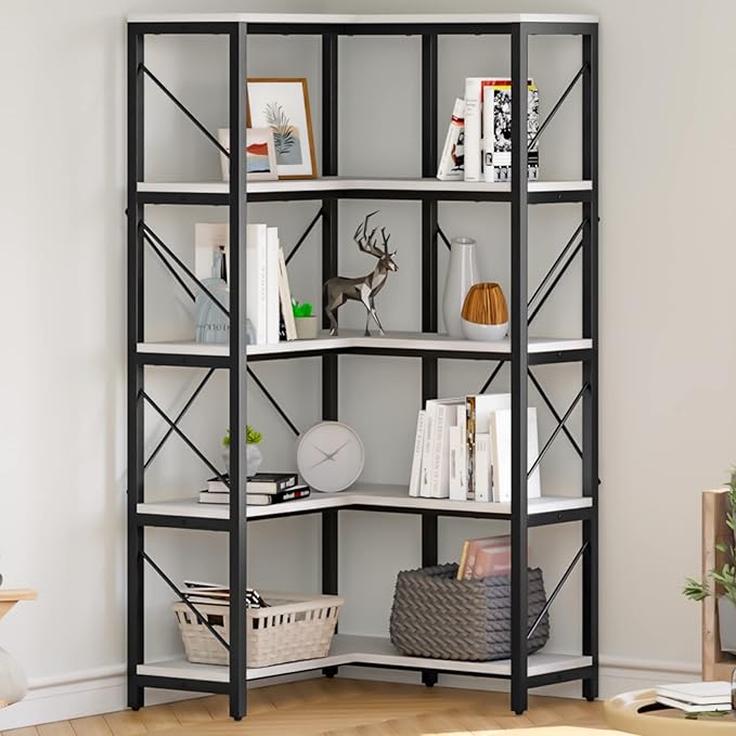 YITAHOME Corner Bookshelf, 5-Tier L-Shaped Bookcase Storage Organizer, Tall Open Display Freestanding Storage Rack Modern Book Shelf for Living Room, Bedroom, Home Office, White - LeafyLoom