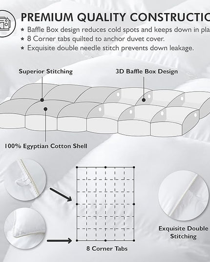 Luxurious Palatial King/Super King 120" x 98" Size Goose Down Fiber Waterfowl Feather Fiber Comforter Duvet, 100% Egyptian Cotton Cover, 80 oz. Fill Weight, Baffle Box Design, White Solid - LeafyLoom
