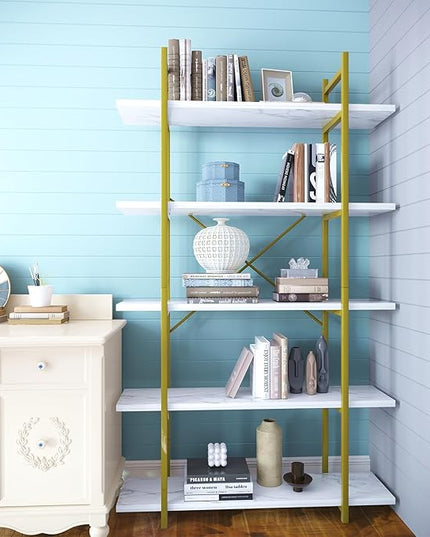 5 Tiers Bookshelf Organizer White Faux Marble Shelf,Modern Open Display Storage Bookcase, and Metal Bookshelf Standing Storage Shelf Tall Shelving Units for Home Office Study - LeafyLoom