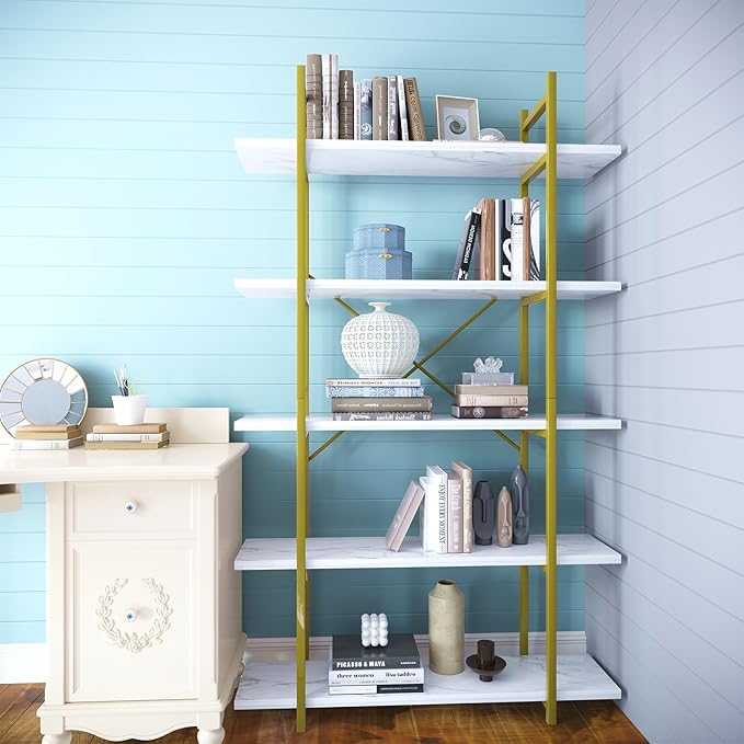 5 Tiers Bookshelf Organizer White Faux Marble Shelf,Modern Open Display Storage Bookcase, and Metal Bookshelf Standing Storage Shelf Tall Shelving Units for Home Office Study - LeafyLoom