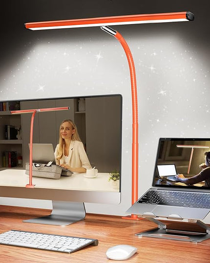 LED Desk Lamp for Office Home, Eye-Caring Desk Light with Stepless Dimming Adjustable Flexible Gooseneck, 10W USB Adapter Desk Lamp with Clamp for Reading, Study, Workbench (Red) - LeafyLoom