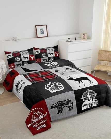 Deer Antler Bear Kids Comforter Set Twin Size,Plaids Boho Arrows Patchwork Bedding Set for Boys Girls Adults Room Decor,Rustic Adventure Camper Down Comforter,Red Xmas Duvet Insert,1 Pillowcase - LeafyLoom