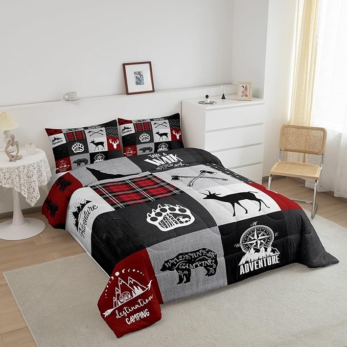Deer Antler Bear Kids Comforter Set Twin Size,Plaids Boho Arrows Patchwork Bedding Set for Boys Girls Adults Room Decor,Rustic Adventure Camper Down Comforter,Red Xmas Duvet Insert,1 Pillowcase - LeafyLoom