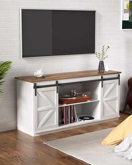 YESHOMY Farmhouse TV Stand and Entertainment Center for Televisions up to 65 Inchs, with Sliding Barn Doors and Storage Cabinets, Console Table and Media Furniture for Living Room, 58 Inch, Milk White - LeafyLoom