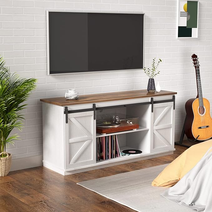 YESHOMY Farmhouse TV Stand and Entertainment Center for Televisions up to 65 Inchs, with Sliding Barn Doors and Storage Cabinets, Console Table and Media Furniture for Living Room, 58 Inch, Milk White - LeafyLoom