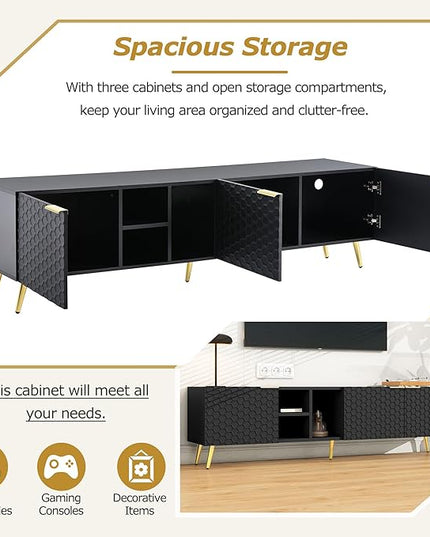 Merax Modern Minimalist Geometric TV Stand with Metal Handles and Gold Legs for Televisions Up to 80'' Multi-Functional Storage Cabinet, Entertainment Center for Living Room, 70.80" Length, Black - LeafyLoom