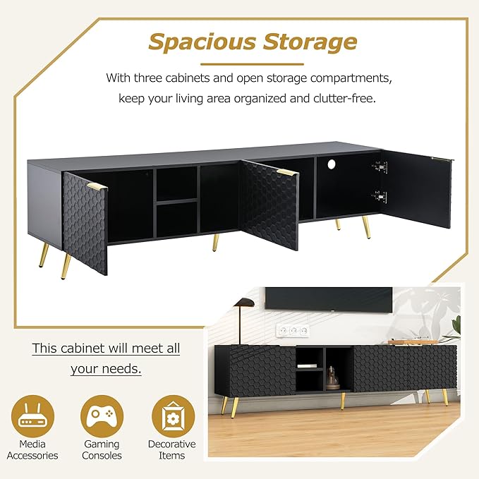 Merax Modern Minimalist Geometric TV Stand with Metal Handles and Gold Legs for Televisions Up to 80'' Multi-Functional Storage Cabinet, Entertainment Center for Living Room, 70.80" Length, Black - LeafyLoom
