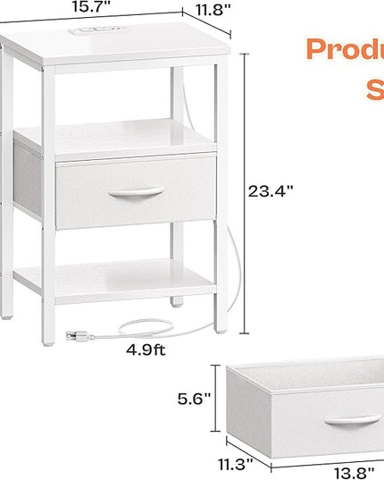 SUPERJARE Nightstand with Charging Station, Bed Side Table with Adjustable Fabric Drawer, Night Stand for Bedroom, 3-Tier Storage End Table, for Living Room, White - LeafyLoom