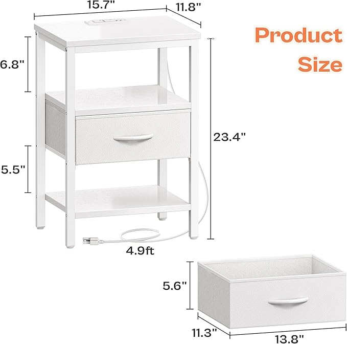 SUPERJARE Nightstand with Charging Station, Bed Side Table with Adjustable Fabric Drawer, Night Stand for Bedroom, 3-Tier Storage End Table, for Living Room, White - LeafyLoom