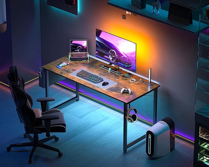 AODK 48 inch Small Computer Desk with Power Outlet for Small Spaces Home Office Student Laptop PC Writing Desks with Storage Bag Headphone Hook, Vintage - LeafyLoom