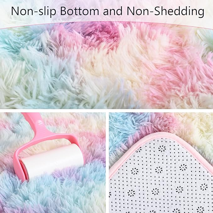 AROGAN Soft Rainbow Area Rugs for Girls Room 3x5 Feet, Fluffy Girls Bedroom Rugs, Princess Rug, Cute Colorful Carpet for Kids Teens Nursery Toddler, Pink - LeafyLoom