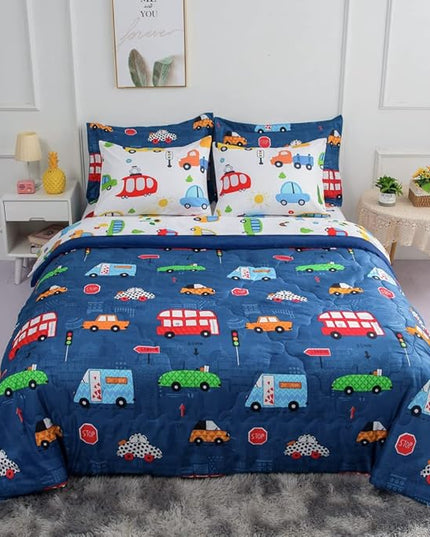 Wajade Cartoon Cars Comforter Set Bed in A Bag Queen Size Colorful Cars Bus Van Traffic Lights Bedding Set for Boys Kids (1 Comforter, 1 Flat Sheet, 1 Fitted Sheet, 2 Pillowcase and 2 Pillow Sham) - LeafyLoom
