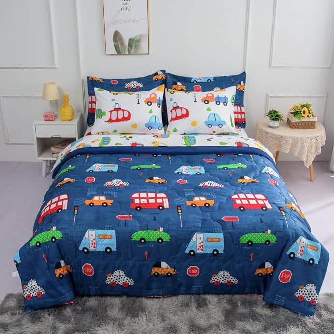 Wajade Cartoon Cars Comforter Set Bed in A Bag Full Size Colorful Cars Bus Van Traffic Lights Bedding Set for Boys Kids (1 Comforter, 1 Flat Sheet, 1 Fitted Sheet, 2 Pillowcase and 2 Pillow Sham) - LeafyLoom