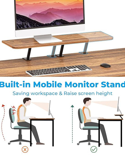 GreenForest Computer Desk 58 inch with Storage Printer Shelf Reversible Home Office Desk with Movable Monitor Stand and 2 Headphone Hooks for Study Writing PC Gaming Working, Walnut - LeafyLoom