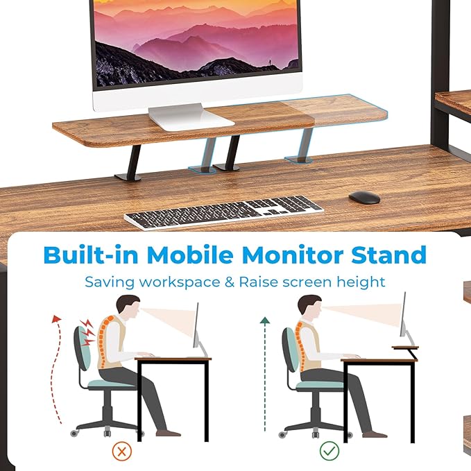 GreenForest Computer Desk 58 inch with Storage Printer Shelf Reversible Home Office Desk with Movable Monitor Stand and 2 Headphone Hooks for Study Writing PC Gaming Working, Walnut - LeafyLoom