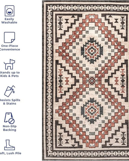 nuLOOM Leighton Machine Washable Southwestern Medallion Ultra Thin Accent Rug, 3' x 5', Peach - LeafyLoom