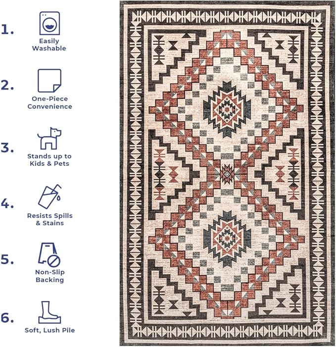 nuLOOM Leighton Machine Washable Southwestern Medallion Ultra Thin Area Rug, 5' x 8', Peach - LeafyLoom