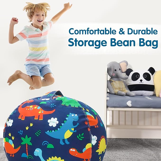 Lukeight Stuffed Animal Storage Bean Bag Chair Cover for Kids, Dinosaur Zipper Beanbag Chair Cover for Organizing Toddler & Kids' Rooms Plush Toys (Dinosaur, Large) - LeafyLoom